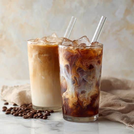 A tall clear glass filled with iced coffee shows three visible layers: a light creamy bottom layer, a medium brown middle layer with ice cubes inside, and a darker brown top layer with ice cubes extending above the glass rim. The glass has condensation droplets on the outside and a clear glass straw sticking out from the top. It sits on a white speckled plate with coffee beans scattered around the base on a white marbled surface. A light brown cloth is placed next to the glass, and a white small pitcher is visible in the blurred background. photo taken with an iphone --ar 4:5 --v 7