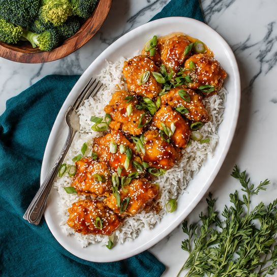 A white plate holds a layer of white rice with a fluffy texture, topped by two pieces of shiny orange-glazed chicken covered with sesame seeds and small pieces of chopped green onions. To the left of the chicken, there are bright green broccoli florets with a rough texture. The background is a white marbled surface, and a pair of wooden chopsticks rests on the left side of the plate beside a dark green cloth. Part of another similar plate with the same food is visible in the background. photo taken with an iphone --ar 4:5 --v 7