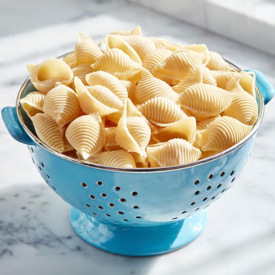 A light blue colander filled with uncooked shell-shaped pasta sits on a white marbled surface, with many small holes around the sides of the colander showing the kitchen below in soft focus. The pasta shells are pale yellow with a ridged texture, layered evenly inside the colander. The scene is brightly lit with natural light, highlighting the smooth curves and details of the pasta. The photo taken with an iphone --ar 4:5 --v 7