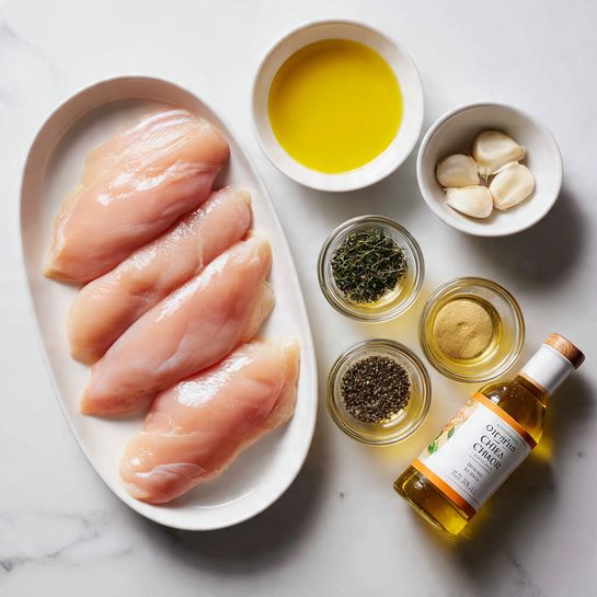 The image shows four raw chicken fillets laid out in a white oval dish on the left side. To the right, there is a small white bowl filled with yellow olive oil and a white can of chicken broth with green and orange labeling. Below these, a bottle of organic raw honey shaped like a bear is placed next to three small glass jars labeled Thyme, Salt, and Black Peppercorn, each with clear contents. At the top right corner, a small white bowl holds three garlic cloves. All items are set on a white marbled surface that brightens the entire scene. Photo taken with an iphone --ar 4:5 --v 7