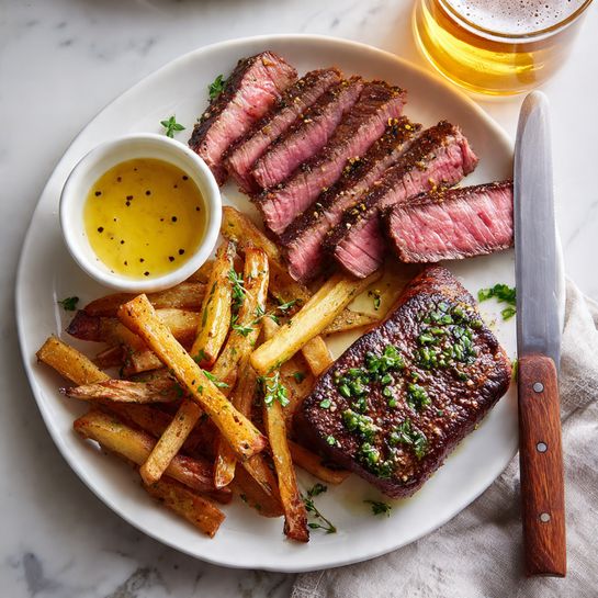 Seared Steak with Truffle Herb Fries and Honey Dijon Aioli Recipe