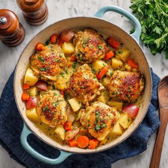 The image shows a white inside, light blue cast iron pot filled with a dish of six golden brown roasted chicken thighs on top. Underneath and between the chicken are chunky layers of vegetables including orange carrot slices, white and red potato chunks, all simmering in a juicy broth. Fresh green herbs are sprinkled over the chicken and vegetables, adding a pop of color. The pot is placed on a white marbled surface with a bunch of fresh green herbs in the background and a dark blue cloth partially visible beneath the pot. Photo taken with an iphone --ar 4:5 --v 7