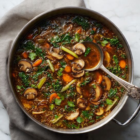 A large pot filled with a dark brown broth showing many layers of ingredients: the base is the rich brown soup, mixed with visible small grains like quinoa; on top of that, there are chopped carrots in orange, green leafy vegetables like kale, and whole brown mushrooms. Bright green parsley leaves are scattered across the surface, adding fresh color contrast. A silver spoon rests inside the pot, partially dipped in the soup, and the pot sits on a soft gray cloth on a white marbled textured surface. photo taken with an iphone --ar 4:5 --v 7