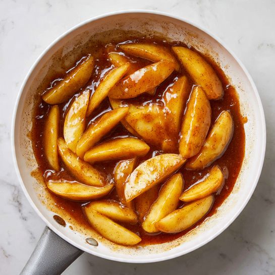 The image shows a white pan filled with around twenty cooked apple slices that are coated in a shiny, brown cinnamon sauce. The apple slices are soft, pale yellow with hints of caramel brown on some edges, unevenly mixed with the thick sauce that pools at the bottom of the pan. The inside sides of the pan are stained lightly with the sauce, giving a rustic look. The pan’s handle is gray and extends downwards with a white marbled surface beneath it. Photo taken with an iphone --ar 4:5 --v 7