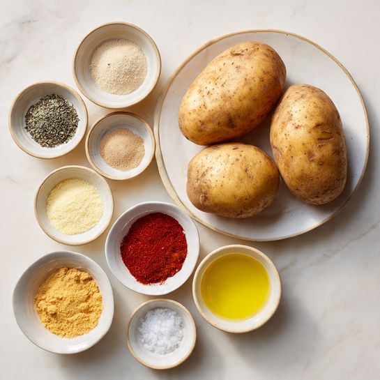 Two whole brown potatoes with rough skins sit side by side on a large white plate at the top right. Below and to the left, seven small white bowls are arranged on a white marbled surface, each holding different ingredients: coarse black pepper, light beige powder, fine light brown powder, bright red powder, pale yellow grainy parmesan, a pale yellow liquid, and coarse white salt. The bowls and plate are evenly spaced and neatly organized. photo taken with an iphone --ar 4:5 --v 7