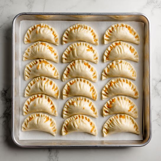 The image shows a metal baking tray lined with white parchment paper, holding fifteen uncooked half-moon shaped pastries arranged in a neat grid with three rows of five. Each pastry has a pale dough color with pressed fork edges creating a ridged pattern along the folded side, giving texture and definition. The pastries have slight uneven orange spots where the filling faintly shows through. The tray is placed on a surface with a white marbled texture, creating a clean and simple background. Photo taken with an iphone --ar 4:5 --v 7