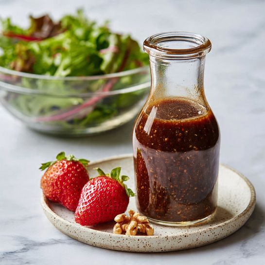 A fresh salad is shown in a white round plate, placed on a white marbled surface with a gray striped cloth nearby and wooden salad utensils below. The salad has three main layers: the base layer is a mix of green leafy vegetables including spinach and curly lettuce with different shades of green and deep red stems; the second layer consists of whole and halved bright red strawberries scattered throughout; the top layer is made up of chopped light brown walnuts sprinkled evenly. A woman's hand is pouring a light brown dressing over the salad from a small clear glass pitcher. Photo taken with an iphone --ar 4:5 --v 7