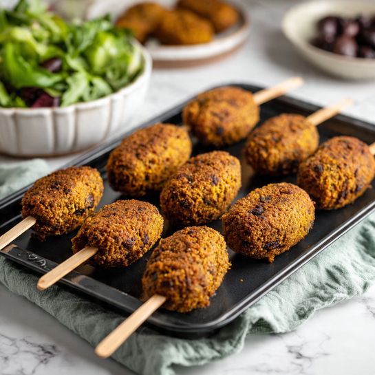 The image shows a black baking tray with ten oval-shaped falafel pieces on sticks, arranged in scattered groups. Each falafel is brown with a rough texture, dotted with bits of dark and lighter spots, indicating spices and chickpeas inside. The stick comes out from one side of each falafel, light wooden in color, contrasting with the darker falafel. The tray sits on a folded light green cloth, on a white marbled surface. In the background, to the left, there is a white bowl filled with green leafy salad, and slightly blurred dishes giving a casual dining feel. Photo taken with an iphone --ar 4:5 --v 7