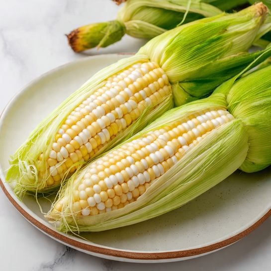 The image shows two ears of corn on the cob with pale yellow and white kernels partially covered by their light green husks peeled back, sitting on a white plate with a thin brown edge. The corn silk strands are visible, adding fine texture to the scene. The plate rests on a white marbled surface, and in the background, more corn husks and a small part of a corn stem can be seen in soft focus. The light is natural, highlighting the fresh and clean look of the corn. Photo taken with an iphone --ar 4:5 --v 7