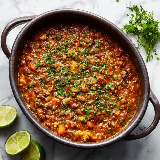 The image shows a dark oval pot filled with a thick stew-like dish. The stew has three main layers: the bottom layer is a rich, brownish-orange sauce with a slightly chunky texture; the middle layer contains small pieces of orange vegetables, cauliflower florets, and beans mixed throughout; and the top layer is sprinkled with fresh, chopped green herbs evenly spread across the surface. The pot sits on a white marbled surface with lime wedges and a small bunch of green herbs visible nearby. Photo taken with an iphone --ar 4:5 --v 7