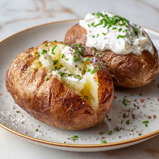 Three baked potatoes sit on a white plate with a thin gold rim, placed on a white marbled table. Each potato has a brown, crispy skin cracked open on the top. Inside, the soft white potato flesh is mixed with a melted pale yellow butter and topped with small bright green chopped chives. One potato has a dollop of white sour cream on top with chives sprinkled over it. A woman's hand holding a silver spoon is scooping some of the fluffy potato from the front potato. Small grains of salt and pepper are scattered across the plate, adding texture and detail. In the background, there is a small white bowl with extra chopped chives. Photo taken with an iphone --ar 4:5 --v 7