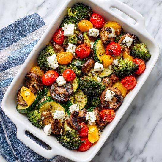 A white rectangular baking dish filled with a colorful mix of roasted vegetables including bright red and orange cherry tomatoes, green broccoli florets, slices of brown mushrooms, and chunks of yellow and green zucchini. The vegetables have a slightly charred, roasted texture and are topped with scattered clumps of soft, white cheese. The dish sits on a white marbled surface with a blue and white striped cloth partially visible on the side. The overall look is vibrant and fresh with a variety of textures and colors. photo taken with an iphone --ar 4:5 --v 7