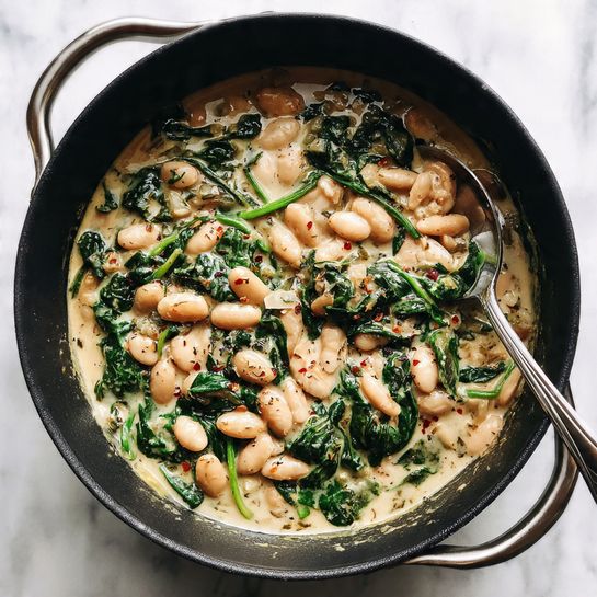 A black pot filled with a creamy bean dish mixed with bright green leafy spinach pieces is shown from above, the creamy sauce coats the white beans and dark green spinach throughout, with some beans showing light brown toasted spots; a silver spoon is partially sunk into the mixture, placed near the upper right inside the pot, sitting on a white marbled surface. photo taken with an iphone --ar 4:5 --v 7