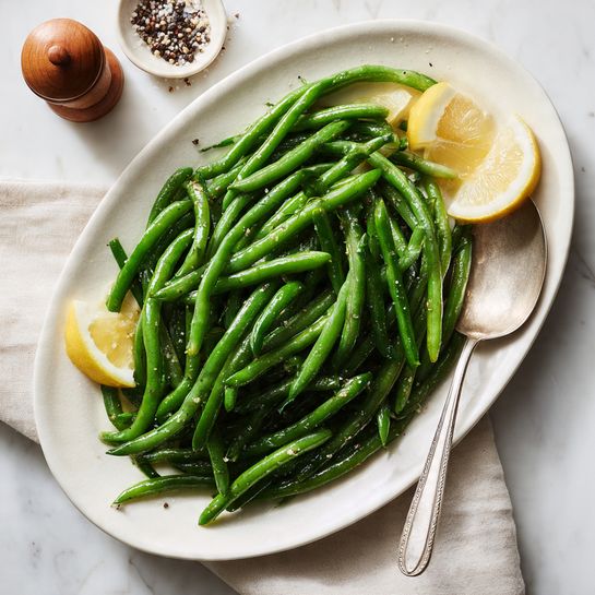 The image shows a black air fryer basket filled with cooked green beans. The green beans are long, slender, and have a slightly shiny, cooked texture with a few darker spots showing they have been roasted. The basket is open and sits on a white marbled surface. No other objects or layers are visible in the image. Photo taken with an iphone --ar 4:5 --v 7