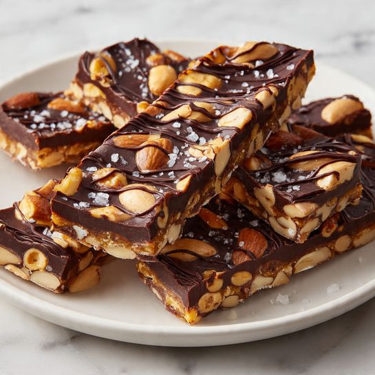 The image shows a rectangular nut bar made of whole almonds, cashews, peanuts, and walnuts tightly packed together in one thick layer. The nut bar is cut into six long, narrow pieces, with visible cuts running from top to bottom. The nuts have a shiny, golden brown color suggesting they are roasted and possibly glazed. The bar rests on a sheet of parchment paper that covers a white marbled surface partially visible beneath. The whole scene has soft natural light and a clean, simple background. photo taken with an iphone --ar 4:5 --v 7