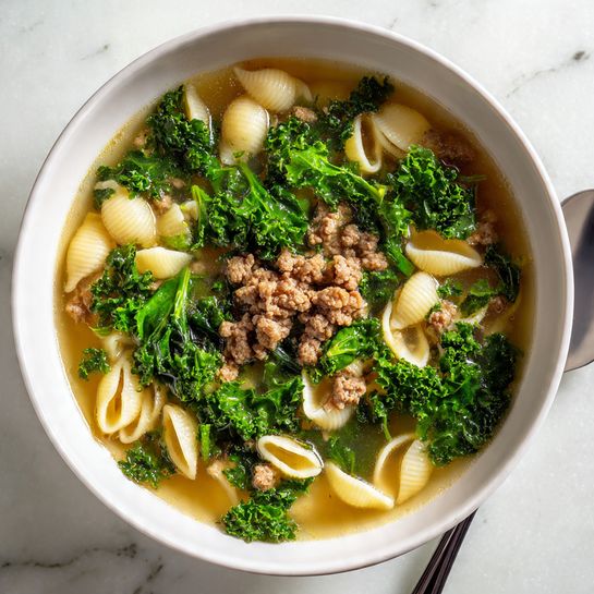 A white bowl filled with clear broth containing three main layers: at the bottom, light-colored small shell pasta spread in the broth; in the middle, bright green kale leaves scattered throughout; on top, a heap of cooked ground meat with a brown texture placed in the center of the bowl. The bowl is placed on a white marbled surface. A spoon is partially visible on the lower right side of the image. photo taken with an iphone --ar 4:5 --v 7