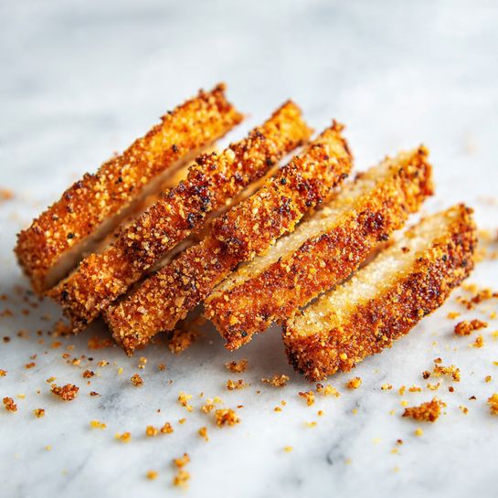 A stack of crispy, golden-brown breaded strips arranged in a neat row on a white marbled surface. Each strip is thinly sliced, showing a crunchy, textured outer layer coated with browned, seasoned crumbs, while the inside is lighter and smooth. The strips are closely placed together but slightly tilted and separated, giving a clear view of their spicy, toasted coating. Small crumbs scatter around the stack, adding to the crunchy, crispy appearance photo taken with an iphone --ar 4:5 --v 7