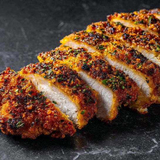 The image shows a single, golden-brown fried cutlet with a crispy, crunchy texture. It is covered in small green herb flakes and has an uneven, slightly rough surface, with some darker, more toasted spots. The cutlet is placed on a dark gray slate, which contrasts with the warm color of the food. photo taken with an iphone --ar 4:5 --v 7
