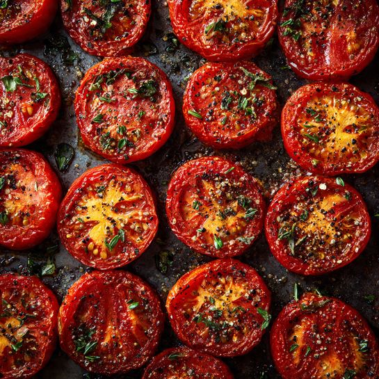 The image shows many halves of roasted red tomatoes spread closely across a dark baking tray. Each tomato half has a warm, soft texture with slightly wrinkled skin and juicy interiors. They are sprinkled with small bits of green herbs and black pepper scattered evenly on top, which add a touch of contrast and detail. The tomatoes are arranged in neat rows, filling the entire tray, and they have a rich red color mixed with darker spots where they are roasted. photo taken with an iphone --ar 4:5 --v 7