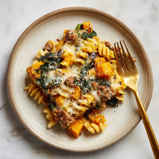 Baked Butternut Squash, Spicy Sausage and Spinach Pasta Recipe