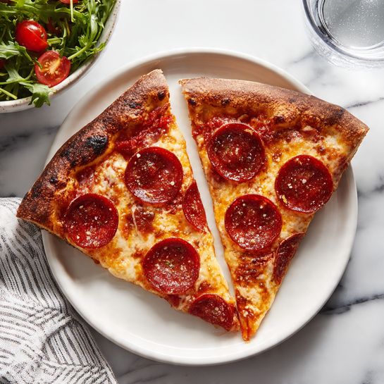Two slices of pepperoni pizza are placed on a white plate, each slice showing a crispy dark golden brown crust with slightly charred edges. The top layer consists of slightly browned melted cheese with patches of red tomato sauce peeking through. Several round pepperoni slices, bright red with some curling edges, sit on top of the cheese. The plate is placed on a white marbled surface, with a bowl of fresh green arugula and cherry tomato salad partially visible in the top left corner, and a glass of water on the right side. A white and gray striped cloth is also on the left side. Photo taken with an iphone --ar 4:5 --v 7