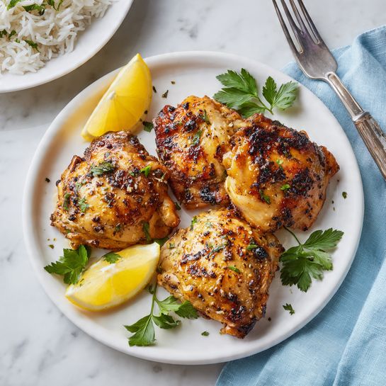 The image shows four pieces of golden-brown cooked chicken thighs inside a dark black air fryer basket. Each piece has a crispy, slightly charred skin with a mix of orange, brown, and black spices coating it. The chicken pieces are arranged in a scattered pattern filling the bottom of the basket. The basket itself is square with rounded corners and has a grid-like bottom allowing oil to drip through. The background is a white marbled surface. Photo taken with an iphone --ar 4:5 --v 7