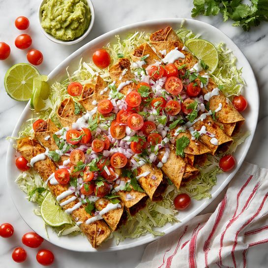 Inside a black air fryer basket, there are about a dozen crispy rolled taquitos. Each taquito has a golden brown outer shell with slightly darker browned ends showing where the filling peeks out. The taquitos are placed in a loose pile, with some overlapping each other. The basket rests on a white marbled surface, alongside a white cloth with a red striped edge. The overall look shows a crunchy, warm snack ready to eat photo taken with an iphone --ar 4:5 --v 7
