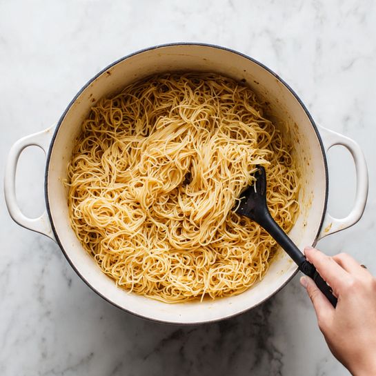 The image shows a white pot on a stove filled with thin, golden brown noodles being stirred with a black utensil held by a woman's hand. The noodles are spread evenly inside the pot, and the surface underneath is a white marbled texture. The noodles have a dry and crispy look, lightly browned and mixed through the pot. Photo taken with an iphone --ar 4:5 --v 7