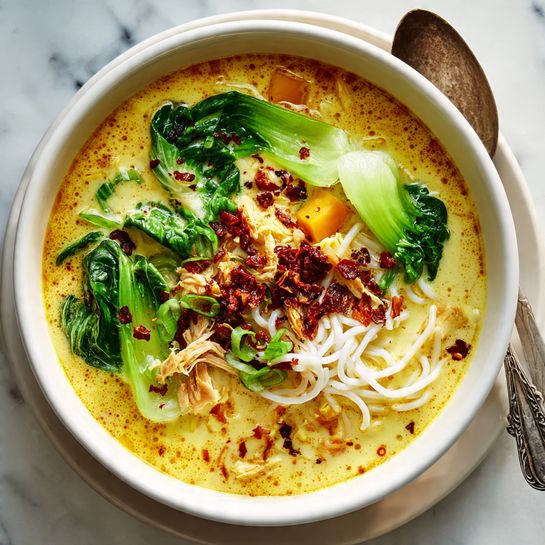A white bowl filled with a creamy yellow soup that has visible layers of light orange chunks, green leafy vegetables, and thin white noodles arranged in small nests across the soup’s surface; there are pieces of shredded light-colored meat mixed in, and a sprinkle of red chili flakes on top adds contrast; the bowl rests on a white marbled surface with a vintage silver spoon beside it photo taken with an iphone --ar 4:5 --v 7