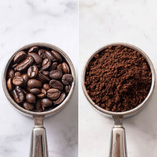 The image shows two side-by-side shots of a metal container on a white marbled surface. The left side shows the container filled with shiny, dark brown whole coffee beans that have a smooth texture. The right side shows the same container filled with finely ground coffee, which is dark brown and has a coarse yet crumbly texture. The container is silver with a small metallic handle partially visible in both shots. Photo taken with an iphone --ar 4:5 --v 7