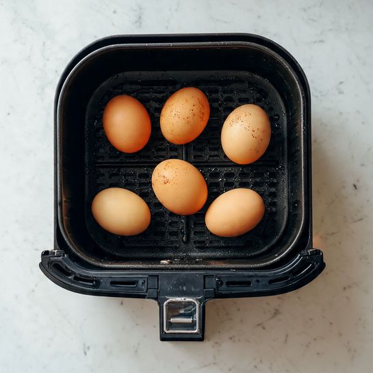 A black air fryer basket with a grid pattern inside holds six smooth, light brown eggs evenly spaced. The basket has a slightly shiny, textured surface with some water droplets and small dark marks. The handle is visible in the lower part of the image with a clear latch. The background is a white marbled surface. photo taken with an iphone --ar 4:5 --v 7
