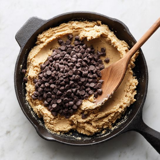 The image shows a black cast iron skillet filled with thick, light brown cookie dough. On top of the dough, there is a pile of dark brown chocolate chips in the middle. A wooden spoon with some dough on it rests inside the skillet on the right side. The skillet is sitting on a white marbled textured surface. photo taken with an iphone --ar 4:5 --v 7