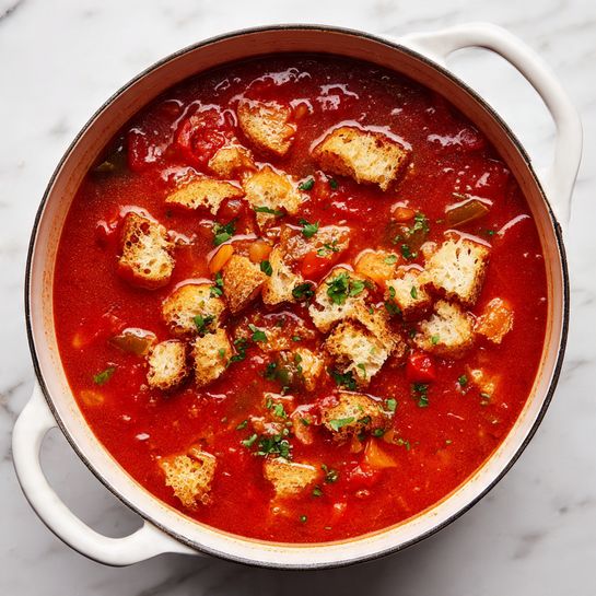 The image shows a white pot filled with a tomato-based soup. The soup has a rich red color with visible small chunks of tomatoes and vegetables mixed in. On top, there is a layer of torn pieces of white bread scattered over the soup, giving a rough texture and light beige color contrast to the red soup. The pot sits on a white marbled surface, and the handles of the pot are clean and simple in design. The scene is bright and clean, with a top-down view showing the details inside the pot clearly. photo taken with an iphone --ar 4:5 --v 7