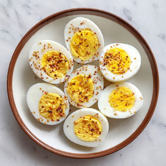 A white ceramic plate with a brown rim holds seven hard boiled eggs, three of which are whole with smooth white shells, and four halved showing firm white layers surrounding the yellow yolks. The yolks inside have a slightly crumbly texture and are sprinkled with small black pepper flakes. The plate sits on a white marbled surface. Photo taken with an iphone --ar 4:5 --v 7