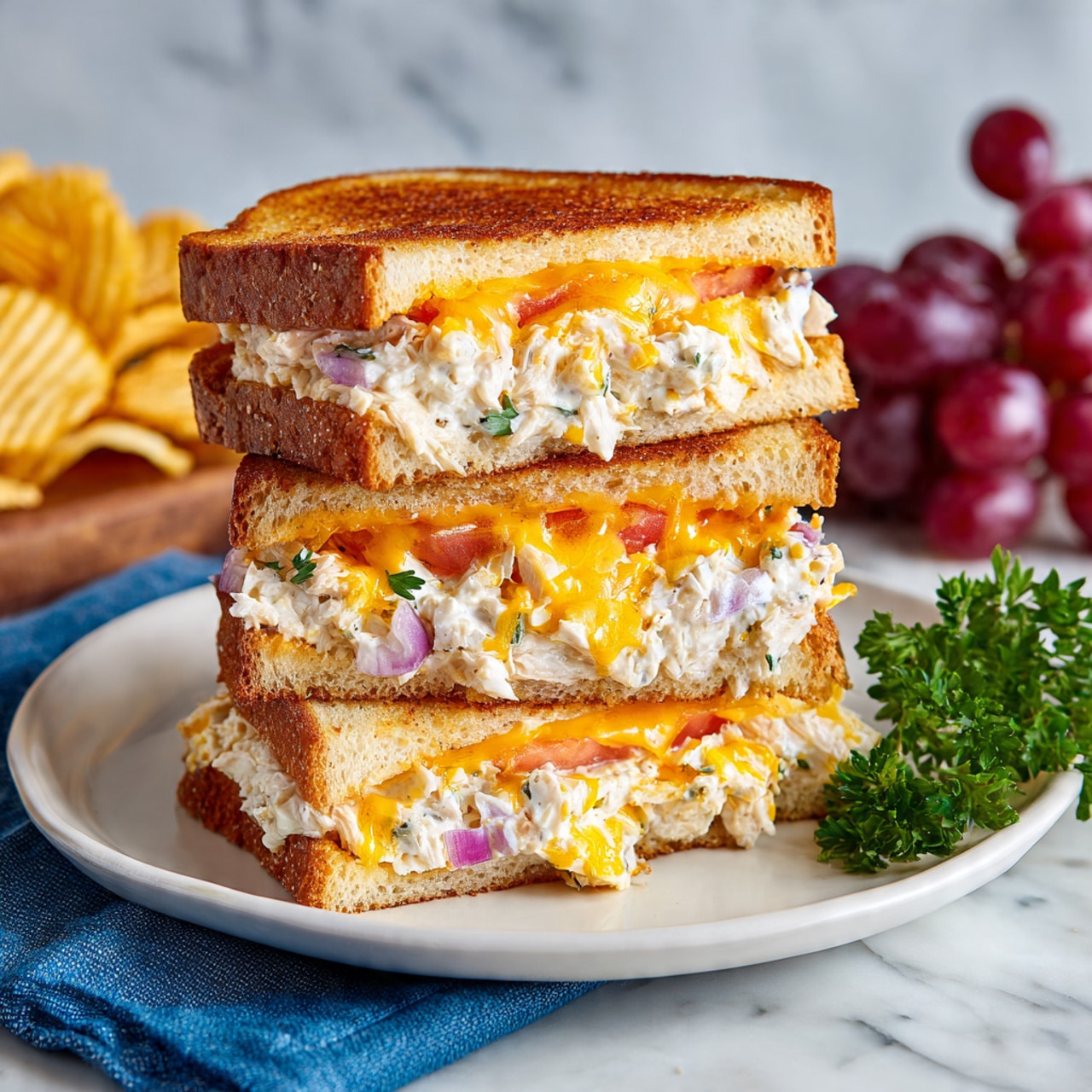 A stack of three grilled sandwiches on a white plate with ridged edges sits on a white marbled surface. Each sandwich is made of two golden brown toasted bread slices with a slightly crispy texture. Inside, there is a creamy chicken salad mix with visible bits of chopped red onion and green herbs, topped with melted bright orange cheddar cheese that oozes slightly from the edges. Thin red tomato slices are layered in the middle of the sandwiches. In the background, out of focus, are some red grapes. photo taken with an iphone --ar 4:5 --v 7