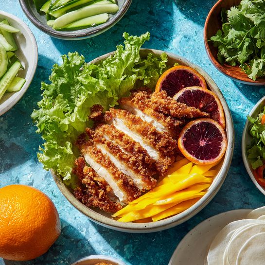 The image shows a top view of a white bowl with a yellow section containing pieces of crispy, golden brown fried chicken, each piece sliced to reveal a white inside. Surrounding the bowl are several ingredients arranged on a blue textured surface: thin green cucumber sticks in a white bowl, fresh green lettuce leaves, bright red blood orange halves with deep purplish-red flesh, a small white bowl of fresh green cilantro leaves, thin yellow mango strips in another white bowl, and some round white rice paper sheets stacked on the side. The setting is bright and fresh with a casual, well-organized layout. photo taken with an iphone --ar 4:5 --v 7