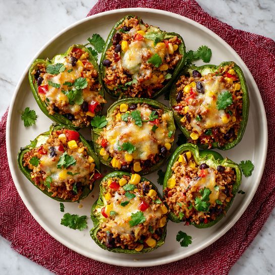The image shows nine stuffed green peppers arranged on a large white plate, placed on a red textured cloth over a white marbled surface. Each pepper is halved and filled with a colorful mixture consisting of small brown rice grains, black beans, yellow corn kernels, and finely chopped red bell peppers, topped with melted light yellow and white cheese sprinkled with fresh green cilantro leaves. The filling slightly overflows the pepper edges, and the peppers' green color contrasts with the bright stuffing. The presentation is neat, with some small cilantro leaves scattered on the plate. Photo taken with an iphone --ar 4:5 --v 7