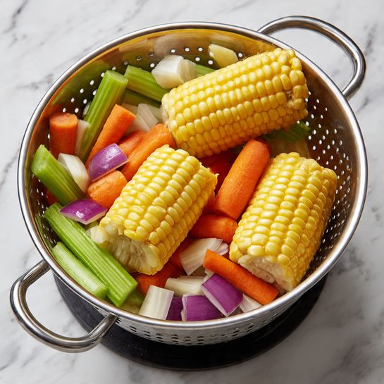 The image shows a stainless steel colander filled with cooked vegetable scraps. There are three pieces of yellow corn on the cob cut into halves or thirds on top, showing kernels in neat rows with a soft texture. Underneath and around the corn, several bright orange carrot sticks and light green celery stalks lie mixed with chopped white and purple onion pieces. The vegetables have a soft and slightly wet appearance as if just cooked or steamed. The colander has many holes and is placed on a black base, all set on a white marbled surface. photo taken with an iphone --ar 4:5 --v 7