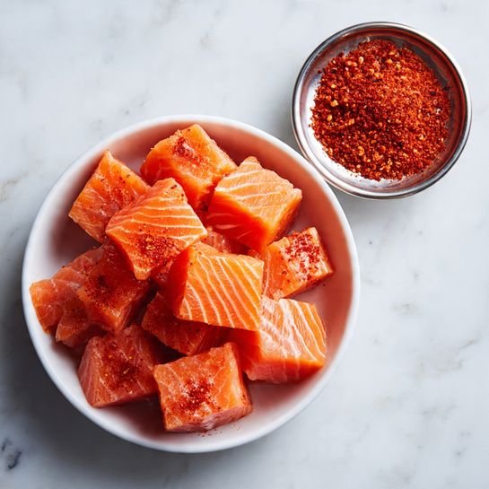 In the image, there is a white bowl filled with many cubes of raw salmon, each piece a vibrant orange with visible white marbling lines. On top of the salmon cubes, a layer of reddish-brown seasoning is unevenly sprinkled, creating contrast with the bright fish. Above this bowl is a small silver metal bowl containing loose red seasoning, which looks coarse and crumbly. The setting has a white marbled surface that adds a clean and bright backdrop to the scene. photo taken with an iphone --ar 4:5 --v 7