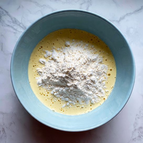 A light blue bowl sits on a white marbled surface. Inside the bowl, there are multiple layers: a pale yellow liquid forming the base, scattered with white flour clumps on top creating a grainy texture, and some bubbles visible in the liquid. The mixture is uneven with liquid and flour sitting separately. photo taken with an iphone --ar 4:5 --v 7