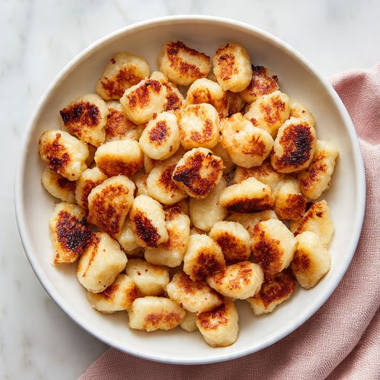 A white bowl filled with small, golden brown potato gnocchi pieces that have a slightly crispy surface and soft texture. The gnocchi pieces are irregularly shaped but mostly squarish, showing varied browning from light golden to deeper brown spots on top. The bowl sits on a white marbled textured surface with a light pink cloth partially visible in the lower right corner. Photo taken with an iphone --ar 4:5 --v 7