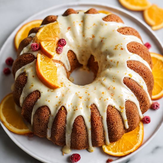 A round bundt cake with a warm light brown color is shown from above, sitting on a white marbled surface. The cake has a textured, ribbed pattern shaped by the bundt pan, with thick creamy white glaze evenly drizzled over the top, flowing down the sides in long streaks. The glaze has tiny orange specks in it, adding a subtle pop of color to the smooth surface. Around the cake, there are half circles of orange slices and a few scattered small red berries, enhancing the fresh, vibrant look. photo taken with an iphone --ar 4:5 --v 7