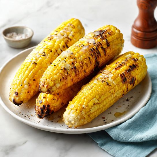 Four ears of cooked corn with yellow and light yellow kernels, slightly browned at some tips, are placed side by side inside a black air fryer basket. The basket has a square shape with rounded edges, a perforated bottom, and a small handle at the front. The background surface is a white marbled texture. photo taken with an iphone --ar 4:5 --v 7