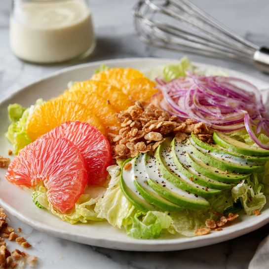 This image shows a white plate with a colorful layered salad on a white marbled surface. The salad has several distinct layers starting with green lettuce leaves at the back. On top of the lettuce, there are thin slices of orange and pink grapefruit placed side by side. To the right are perfectly sliced pale green avocado pieces fanned out neatly. Thin strands of purple onion are scattered across the salad. There are small clusters of crunchy granola sprinkled over the salad, adding texture. The salad is lightly dressed with a creamy white dressing, and there is a visible sprinkle of black pepper on top. Around the plate, some granola bits have fallen onto the surface. In the background, a metal whisk and a white jar with more dressing are visible but out of focus. Photo taken with an iphone --ar 4:5 --v 7