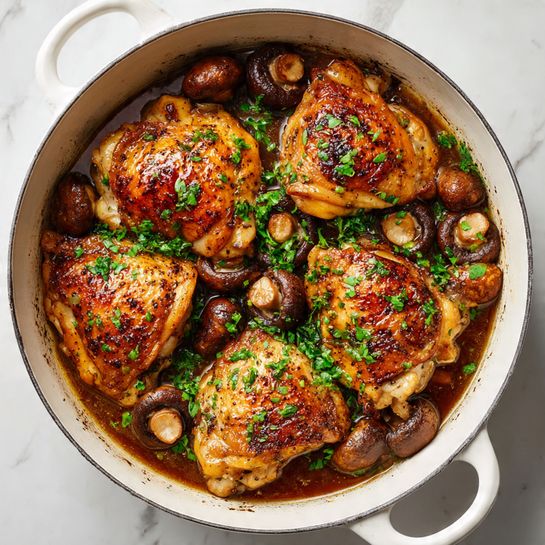 A white pan filled with five pieces of cooked chicken that are golden brown and shiny with sauce. Around and under the chicken, there are many small brown mushrooms covered in thick, creamy light brown sauce. The dish is topped with bright green chopped herbs scattered across the chicken and mushrooms. Near the bottom right of the pan is a silver spoon dipped in the sauce. The pan sits on a white marbled surface with part of a white plate visible at the edge. photo taken with an iphone --ar 4:5 --v 7