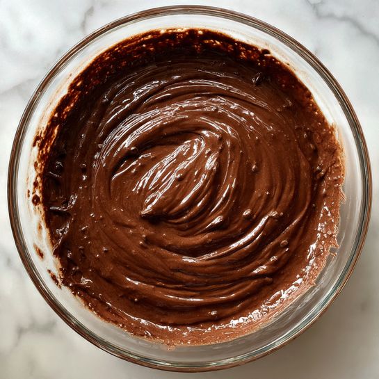 This image shows a clear glass bowl filled with thick, smooth, dark brown chocolate batter. The surface of the batter has shiny swirls and a rich, creamy texture with some small air bubbles visible. The batter is spread evenly inside the bowl, with some batter clinging to the sides. The bowl sits on a white marbled surface. Photo taken with an iphone --ar 4:5 --v 7