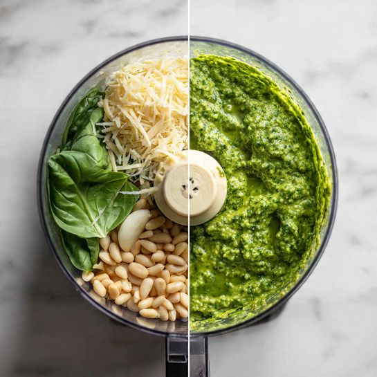 The image shows two close-up views inside a clear food processor bowl on a white marbled surface. On the left, there are layers of ingredients: the bottom layer is fresh green basil leaves, on top right are light beige pine nuts, to the left is a pile of finely grated pale yellow cheese, and there are a few pieces of peeled garlic on top. On the right, the food processor bowl has a bright green thick sauce with small bits and a blade in the center, showing a smooth but textured blend. Photo taken with an iphone --ar 4:5 --v 7