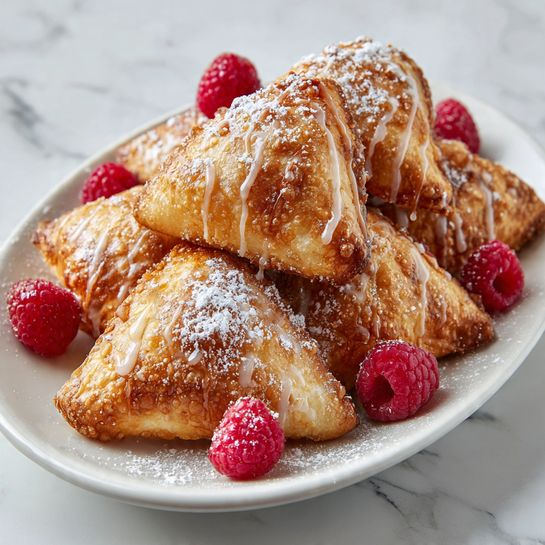 The image shows several golden brown triangular pastries with visible flaky layers stacked closely together on a sheet of parchment paper. Each pastry is drizzled with a thin layer of white icing on top and sprinkled lightly with powdered sugar, adding a delicate white dusting over the surface. The texture of the pastries looks crisp with a slightly shiny finish from the icing, and the layers inside show a light, airy appearance. The focus is on one pastry in the middle, with others softly blurred in the background and foreground, all resting on a white marbled textured surface. Photo taken with an iphone --ar 4:5 --v 7