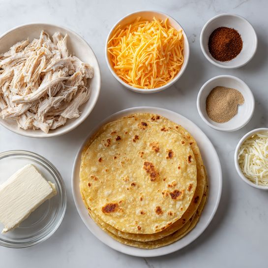 The image shows a white plate filled with a stack of yellow corn tortillas with some light spotting on their surface positioned at bottom right. Above this plate, there is a white bowl filled with two types of shredded cheese, orange cheddar on the left and white mozzarella on the right. To the left of the cheese bowl, there is a white bowl full of shredded cooked chicken with a pale beige color. Above the chicken bowl, white small bowls contain different spices including a brown spice, salt, and yellowish powder. At the bottom left, there is a clear glass bowl holding a block of cream cheese with a crumbly texture at the edges. Next to it, a small white bowl contains a dark brown ground spice. The items are set on a white marbled surface. Photo taken with an iphone --ar 4:5 --v 7