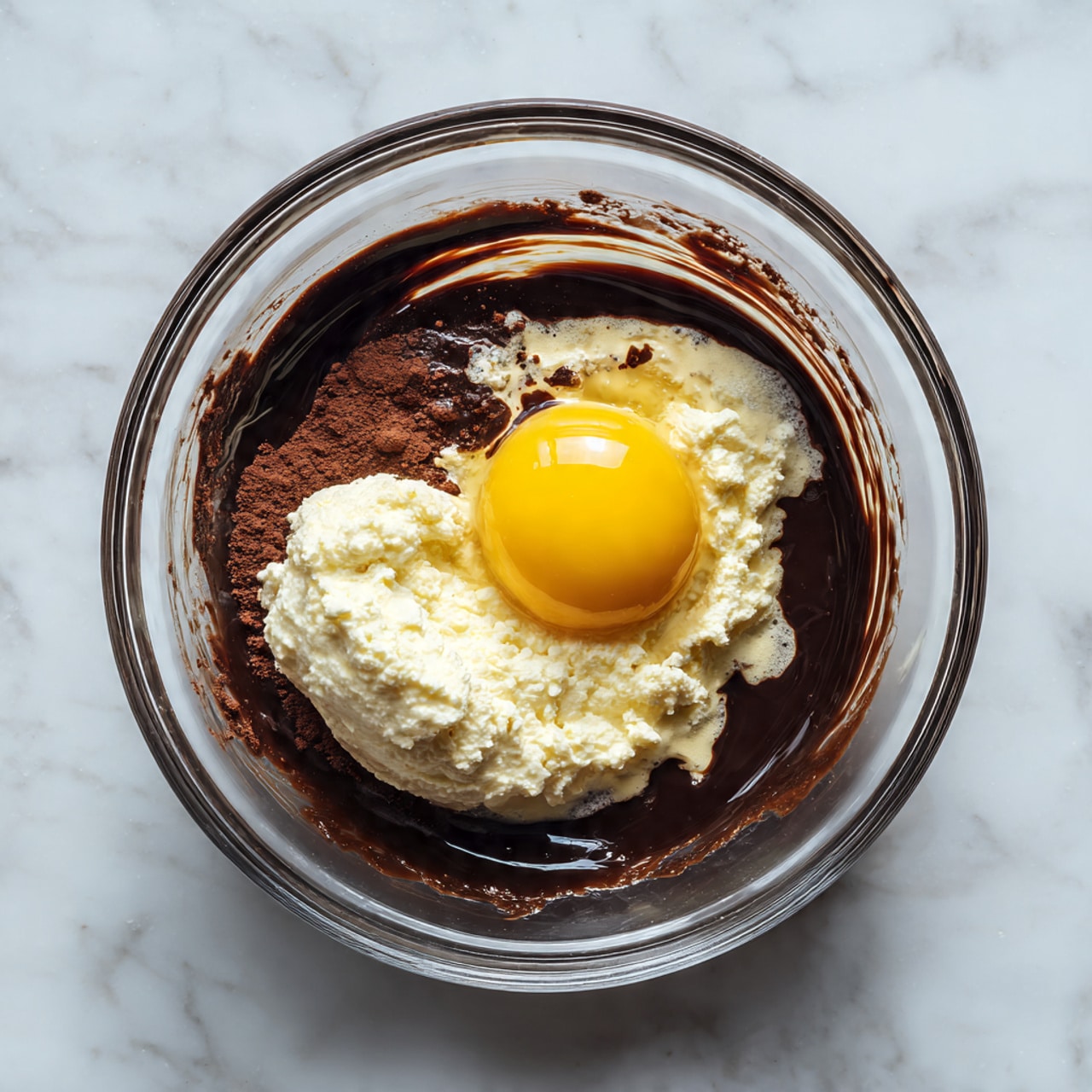 A clear glass bowl filled with dry light brown cocoa powder forming the base layer, with dark brown liquid chocolate pooled in spots on top. In the middle of the bowl, there is a round egg yolk sitting on the chocolate surface, its bright yellow color standing out. Next to the yolk, a dollop of white creamy substance, likely cream or butter, sits on the cocoa layer with soft texture. The bowl is placed on a white marbled surface. photo taken with an iphone --ar 4:5 --v 7